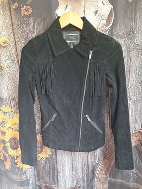 le chateau Women's Black Suede Fringe Moto Jacket